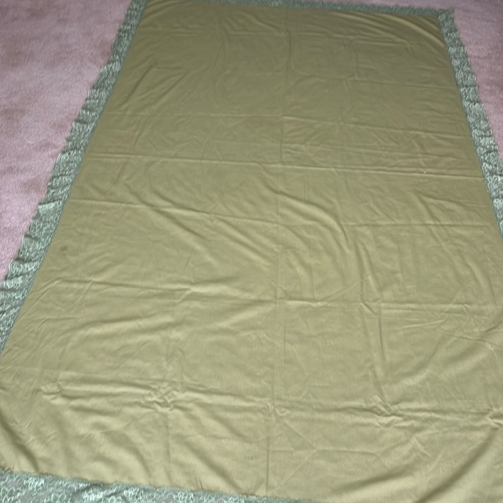 Vintage tablecloth green with lace 97 long 57 wide loose lace at end small spot